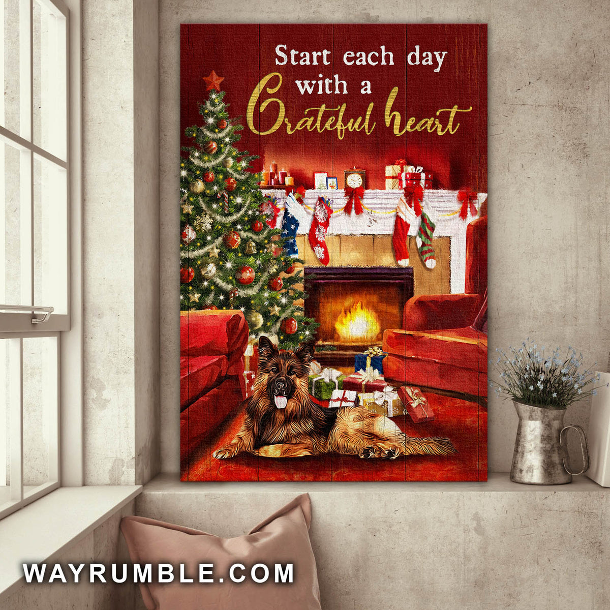 German Shepherd, Christmas, Start each day with a grateful heart - Dog Portrait Canvas Prints, Wall Art