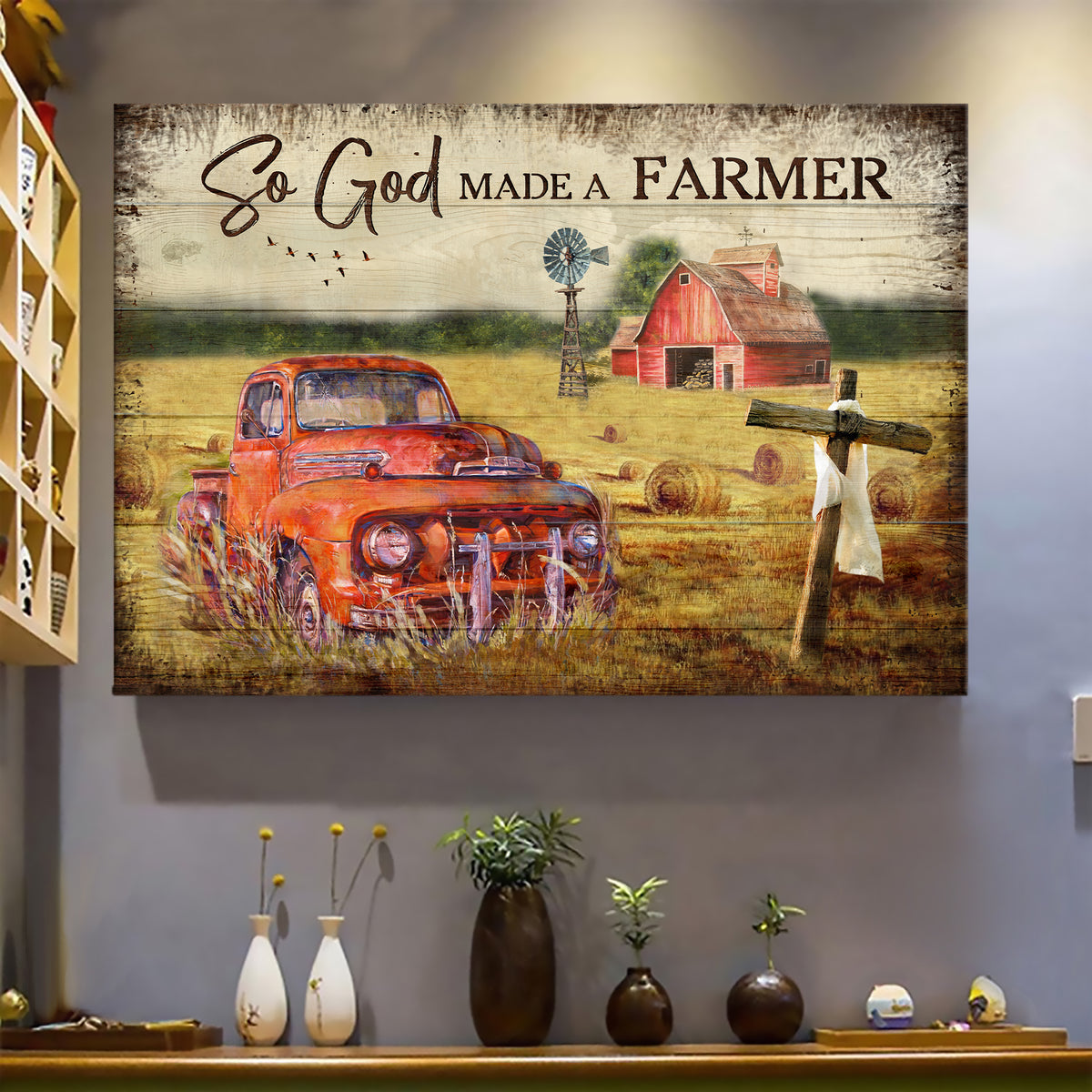 Old red car, Wooden cross, Tranquil farm, So God made a farmer - Jesus Landscape Canvas Prints, Wall Art