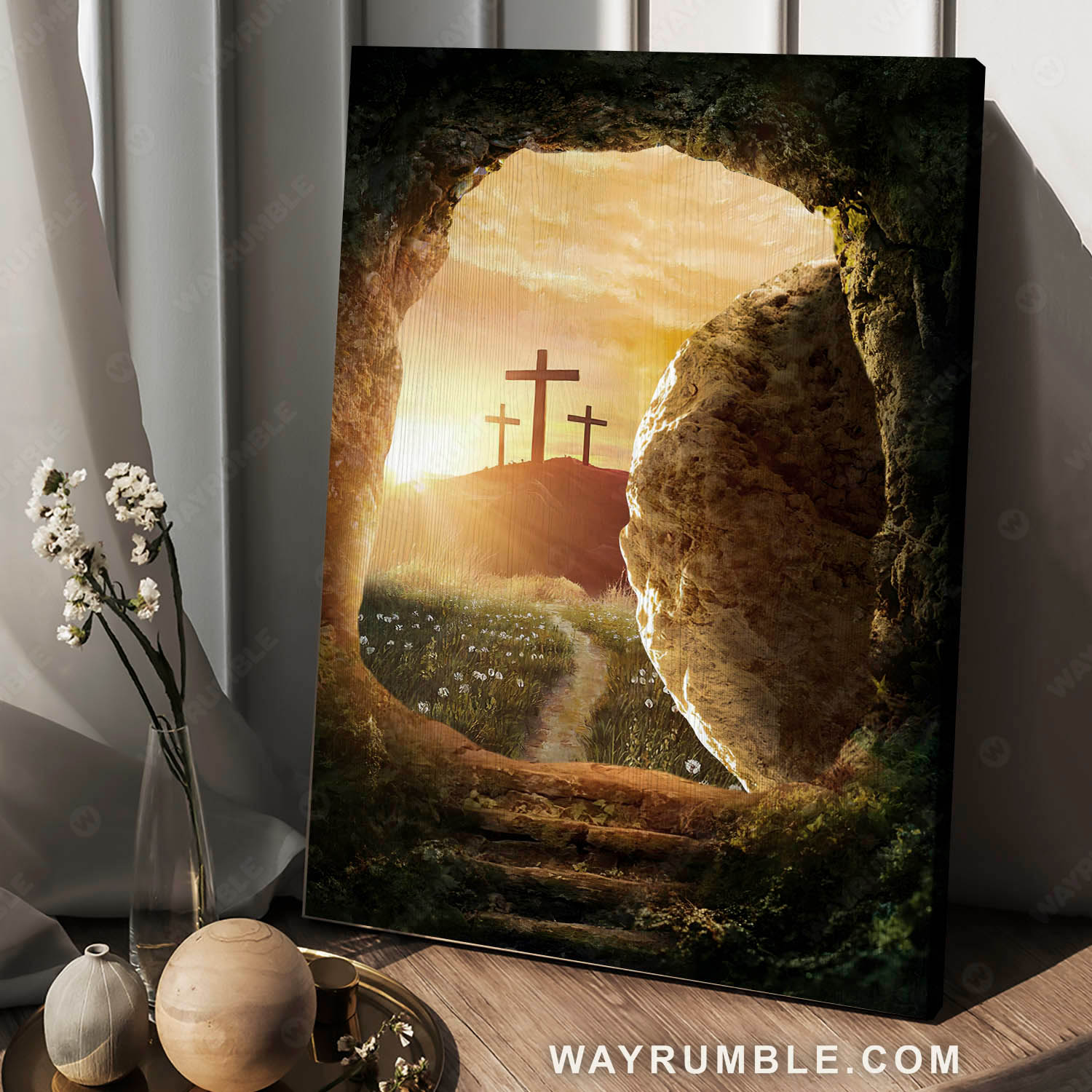 Amazing cave, Beautiful sunrise, Three crosses, The path to paradise - Jesus Portrait Canvas Prints, Christian Wall Art