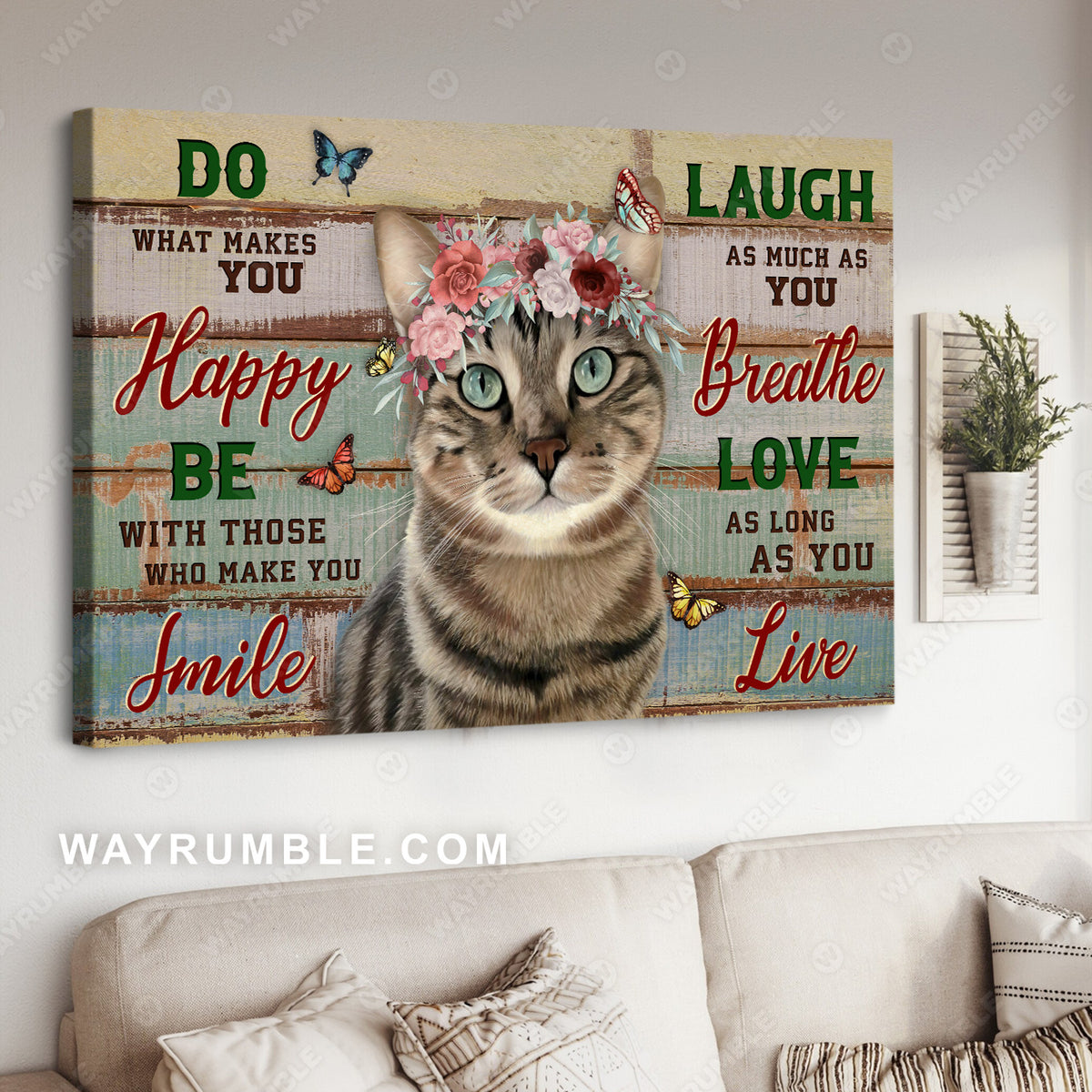 Cute cat drawing, Flower wreath, Colorful butterfly, Do what makes you happy - Jesus Landscape Canvas Prints, Christian Wall Art