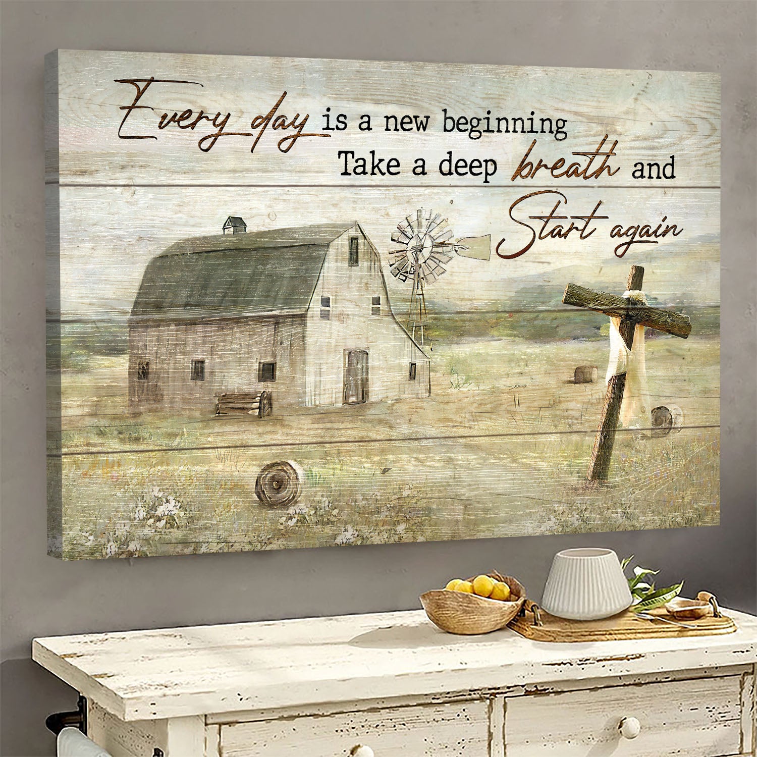 Tranquil farm painting, Wooden cross, Everyday is a new beginning - Jesus Landscape Canvas Prints, Wall Art