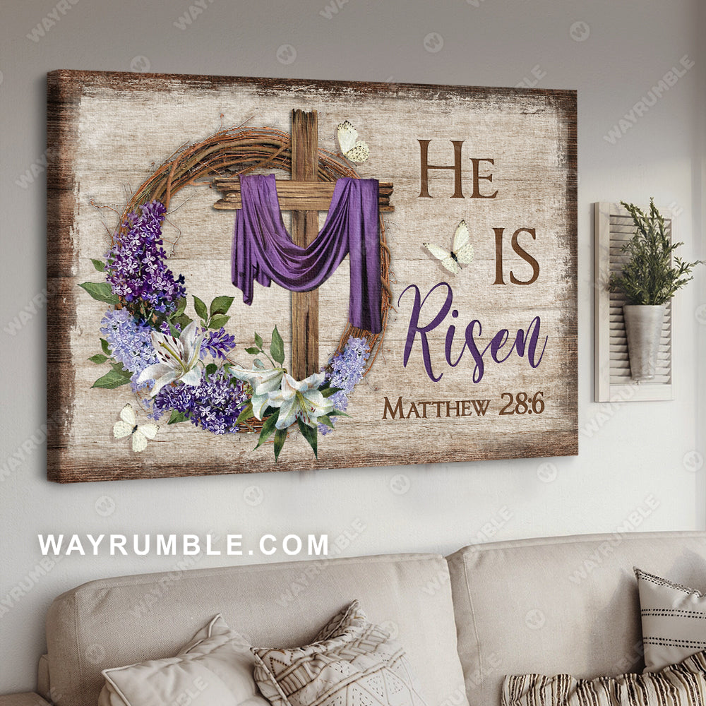 Awesome cross, White butterfly, Floral wreath, He is risen - Jesus Landscape Canvas Prints, Christian Wall Art