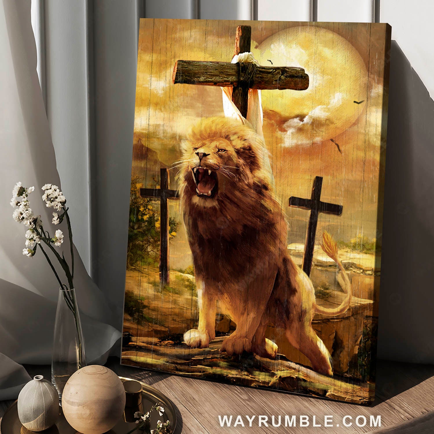 Awesome lion drawing, Lion of Judah, Three wooden crosses, Beautiful full moon - Jesus Portrait Canvas Prints, Christian Wall Art
