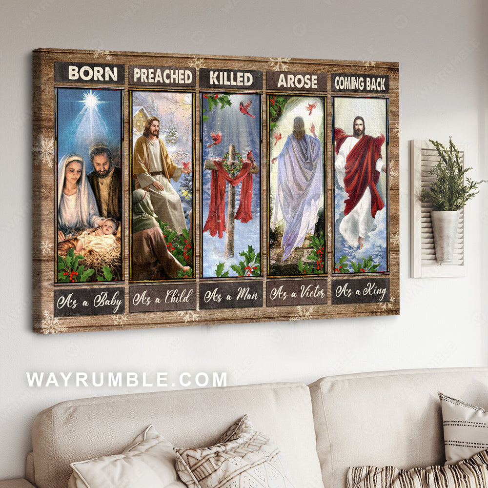 Birth of Jesus, Jesus painting, Red cardinal, Wooden cross, Coming back as a King - Jesus Landscape Canvas Prints, Christian Wall Art