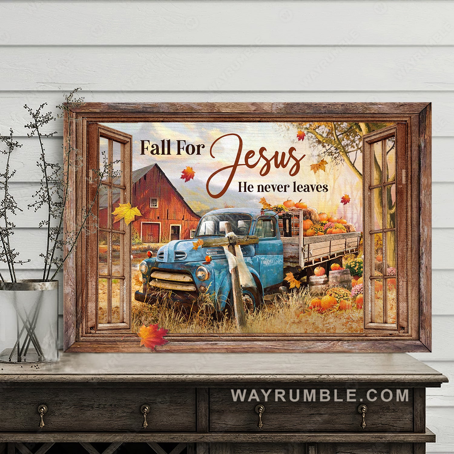 Farmhouse, Old truck, Autumn season, Pumpkin, Fall for Jesus, He never leaves - Jesus Landscape Canvas Prints, Home Decor Wall Art