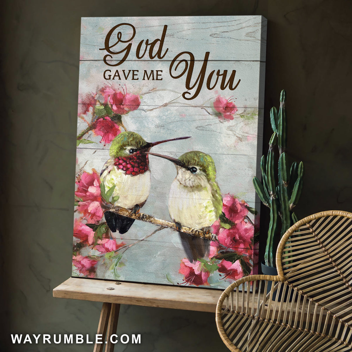 Pink flower painting, Hummingbird drawing, God gave me you - Jesus Portrait Canvas Prints, Wall Art
