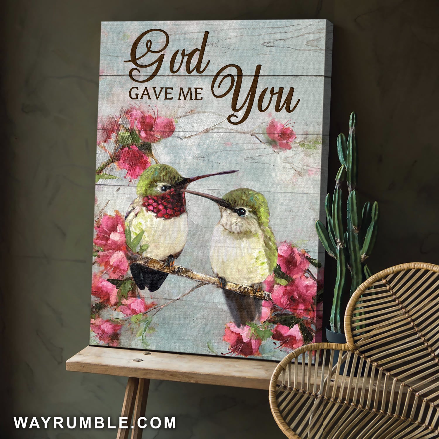 Pink flower painting, Hummingbird drawing, God gave me you - Jesus Portrait Canvas Prints, Wall Art