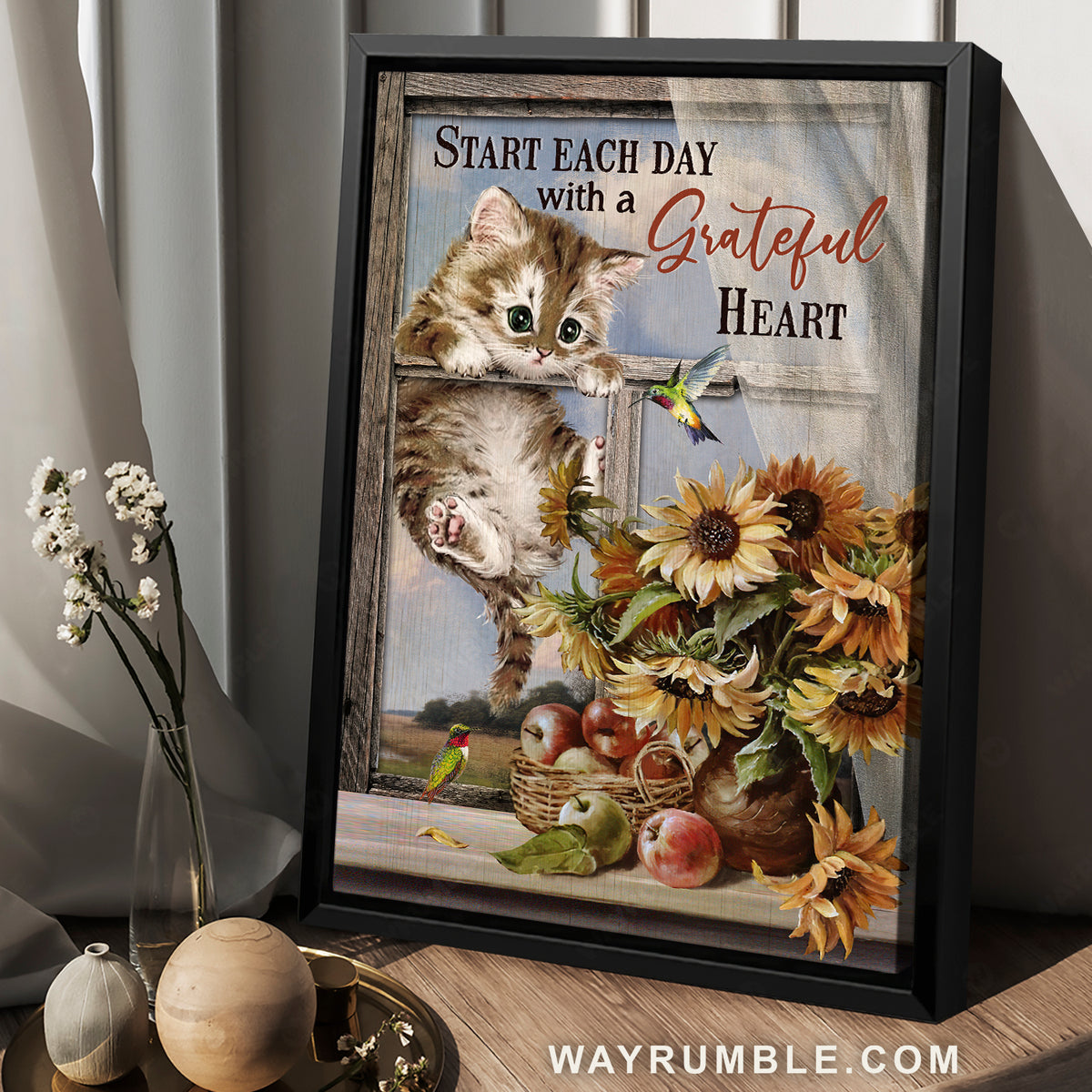 Little cat, Sunflower drawing, Pretty hummingbird, Start each day with a grateful heart - Jesus Portrait Canvas Prints, Christian Wall Art