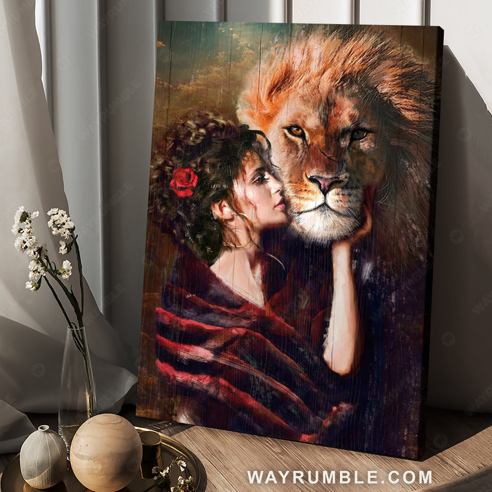 Awesome lion head, Lion of Judah, Beautiful woman, Red rose, Religious art - Jesus Portrait Canvas Prints, Christian Wall Art