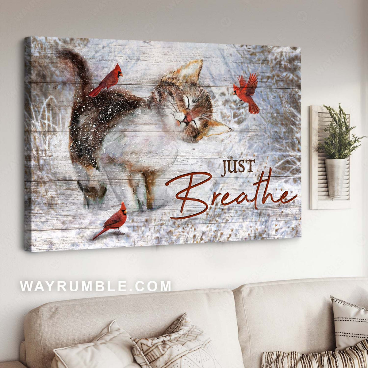Cat painting, Lovely kitten, Red cardinal, Winter season drawing, Just breathe - Jesus Landscape Canvas Prints, Home Decor Wall Art