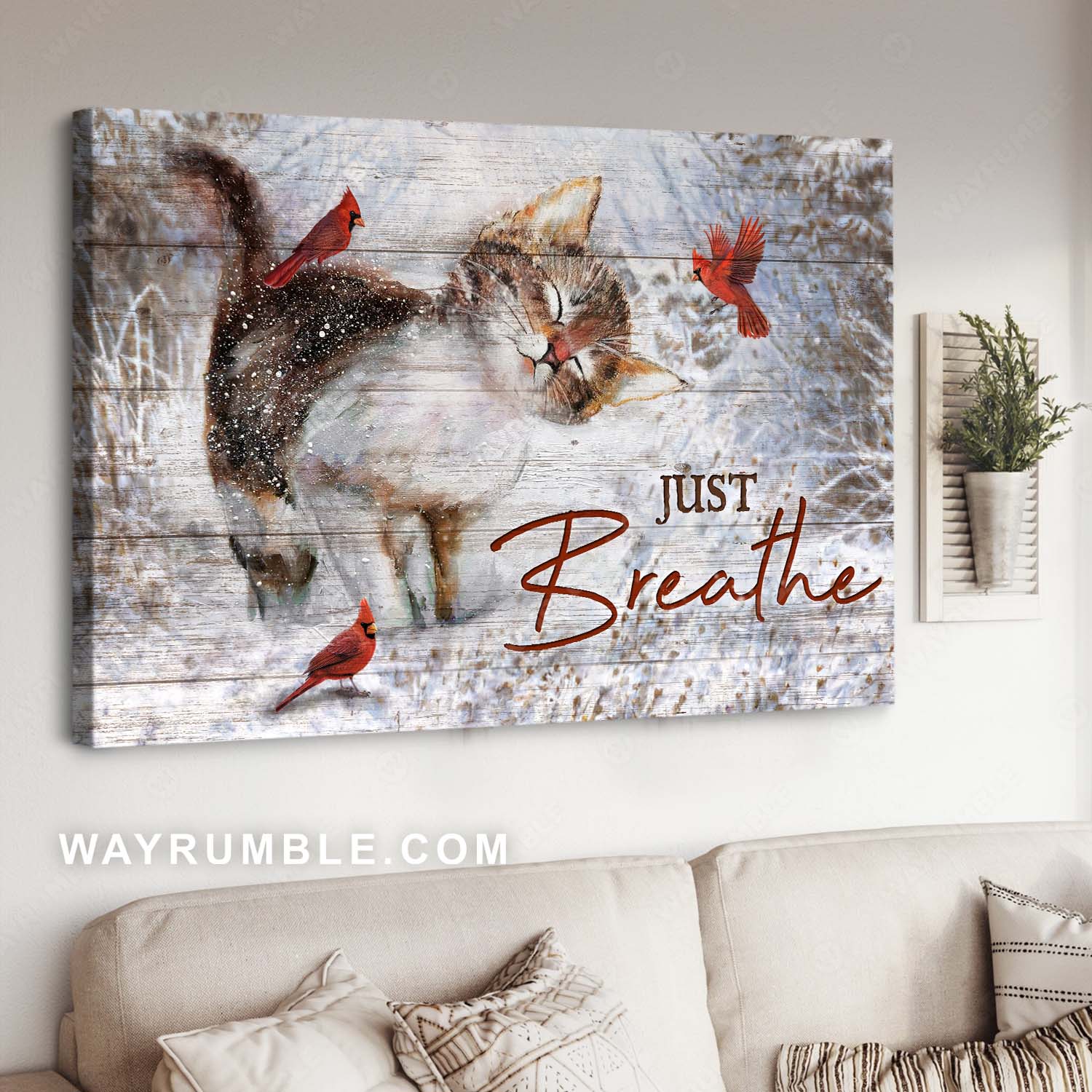 Cat painting, Lovely kitten, Red cardinal, Winter season drawing, Just breathe - Jesus Landscape Canvas Prints, Home Decor Wall Art