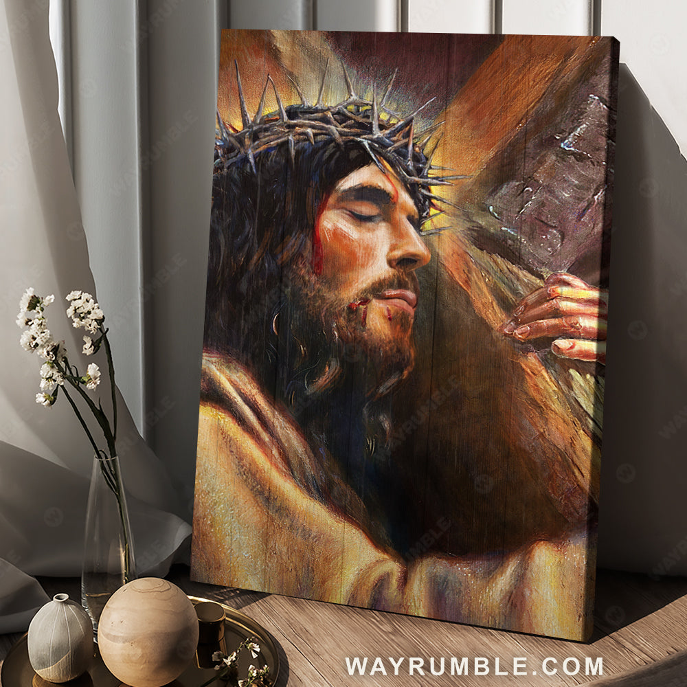 Amazing Jesus painting, Crown of thorns, Wooden cross, Jesus carrying the cross - Jesus Portrait Canvas Prints, Christian Wall Art