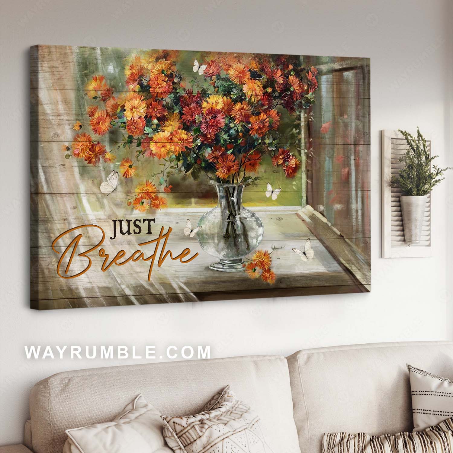 Vintage flower painting, Gorgeous daisy vase, White butterfly, Just breathe - Jesus Landscape Canvas Prints, Christian Wall Art