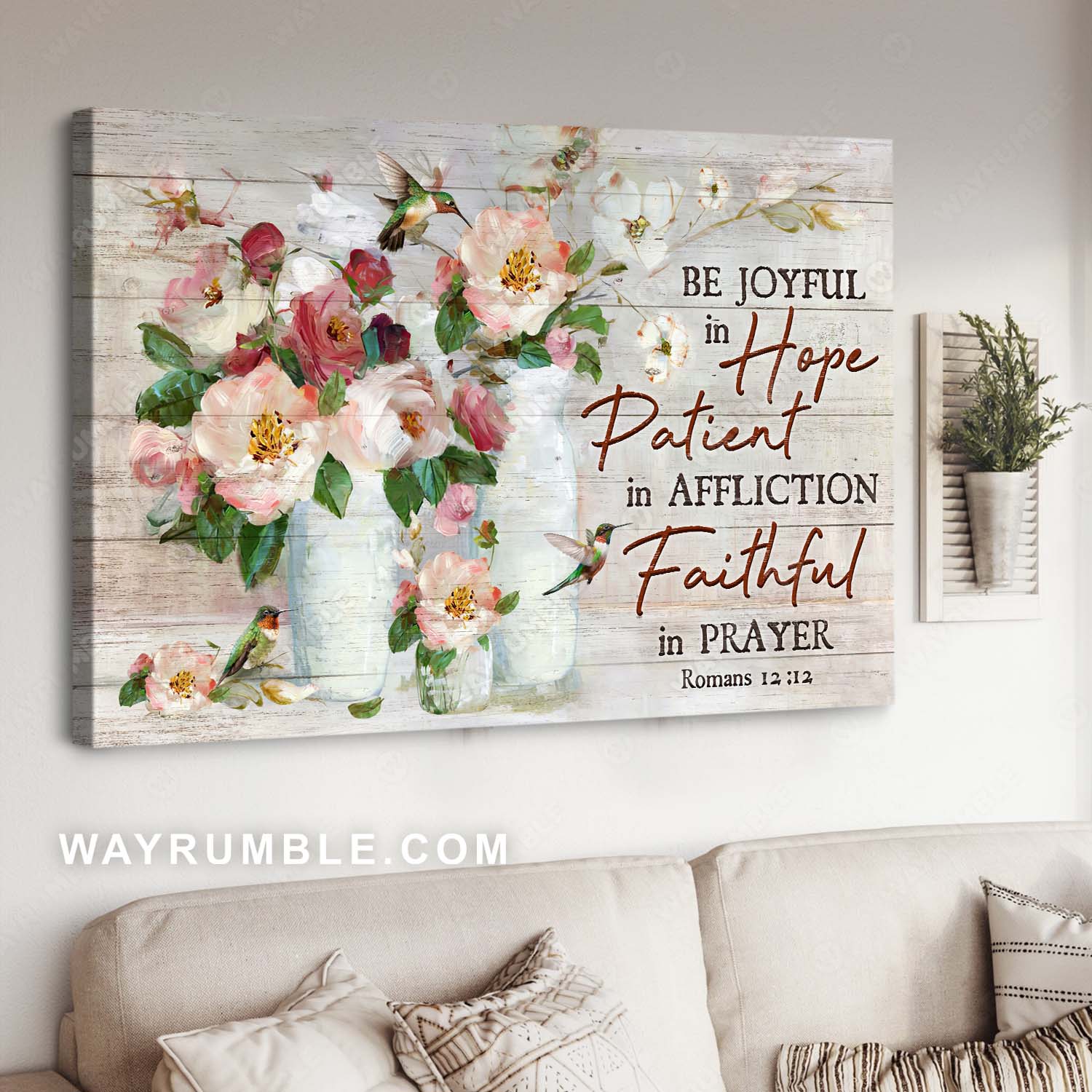 Bible verse, Watercolor flowers, Hummingbird painting, Be joyful in hope - Jesus Landscape Canvas Prints, Home Decor Wall Art