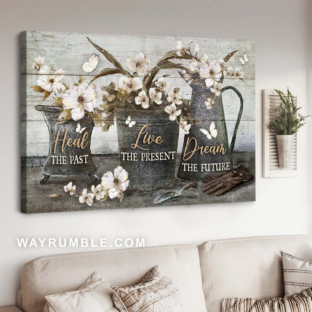 Garden tool, White flower pot, Lovely butterfly, Heal, Live, Dream - Jesus Landscape Canvas Prints, Home Decor Wall Art