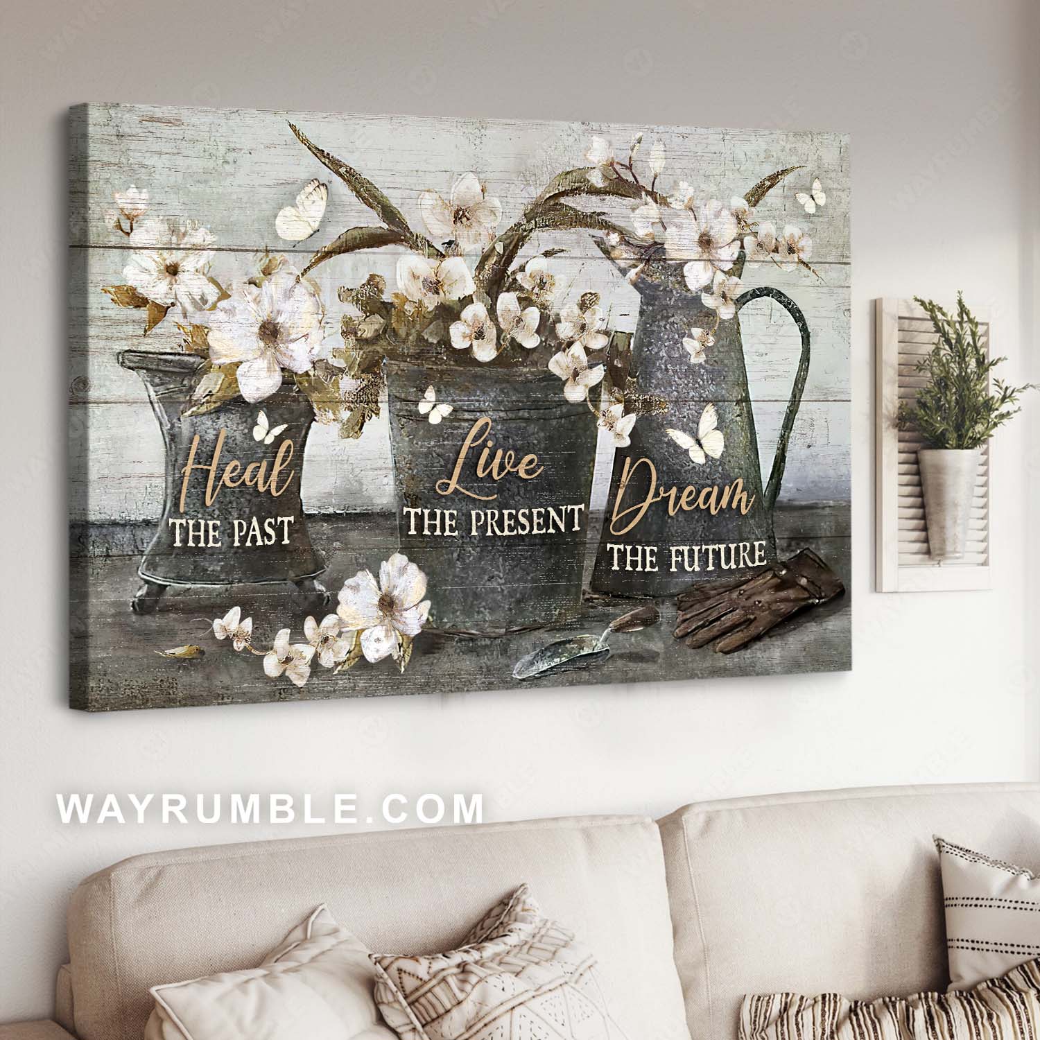 Garden tool, White flower pot, Lovely butterfly, Heal, Live, Dream - Jesus Landscape Canvas Prints, Home Decor Wall Art