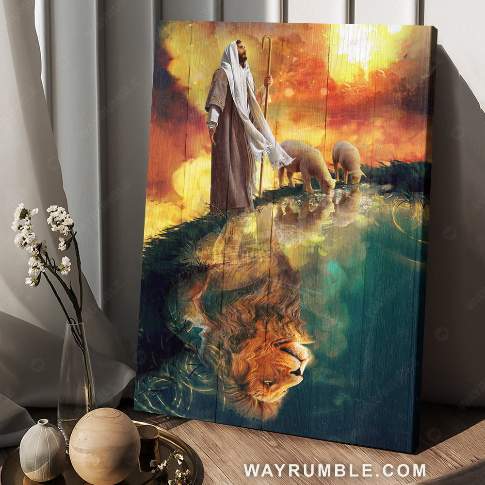 Great Jesus painting, Lamb of God, Lion of Judah, Mystic pond, Abstract sunset - Jesus Portrait Canvas Prints, Christian Wall Art