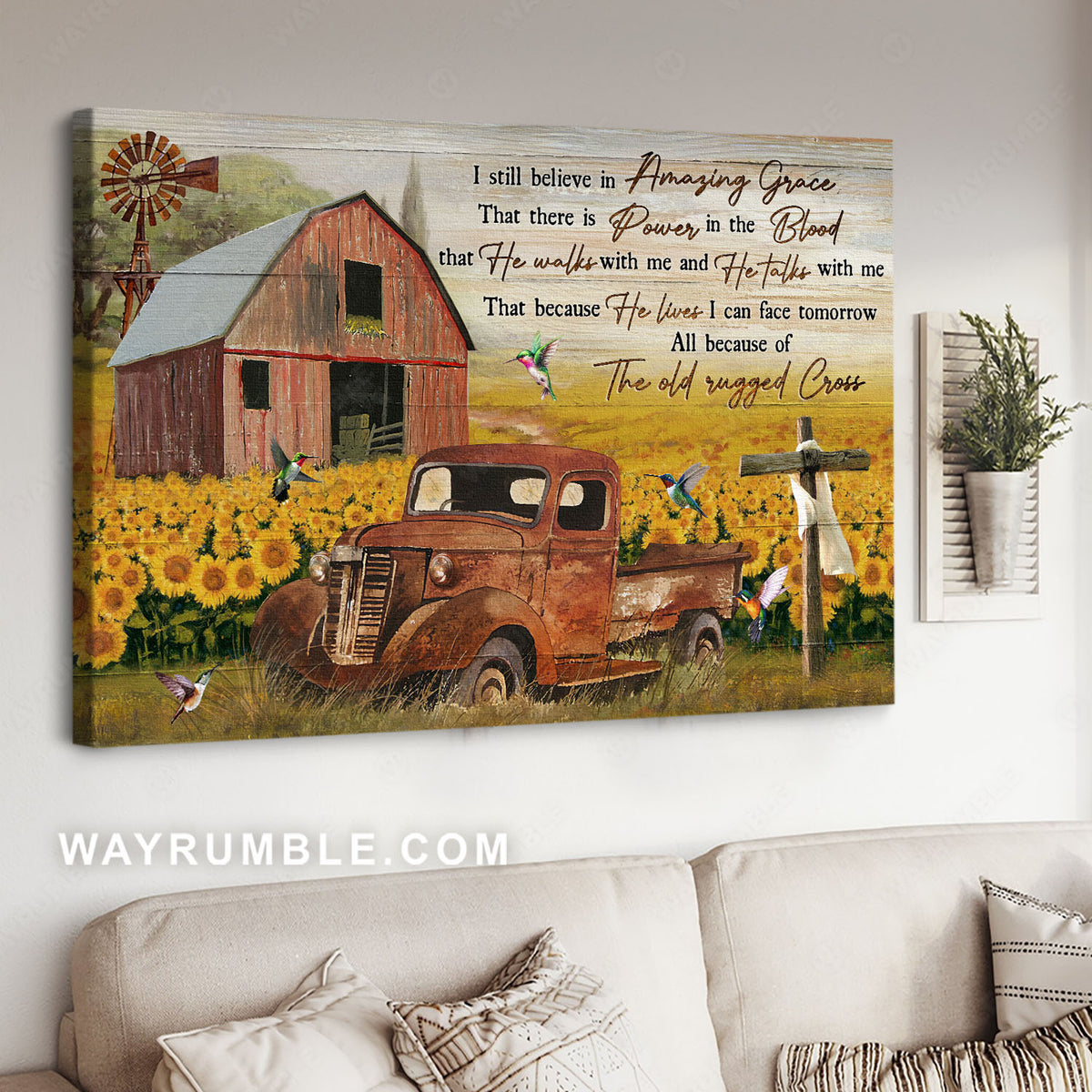 Sunflower field, Rustic farmhouse, Hummingbird, I still believe in amazing grace - Jesus Landscape Canvas Prints, Home Decor Wall Art