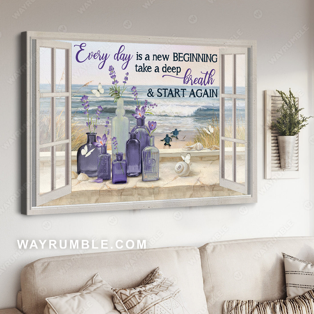 Violet flower, Beach painting, Turtle, Every day is a new beginning - Jesus Landscape Canvas Prints, Christian Wall Art