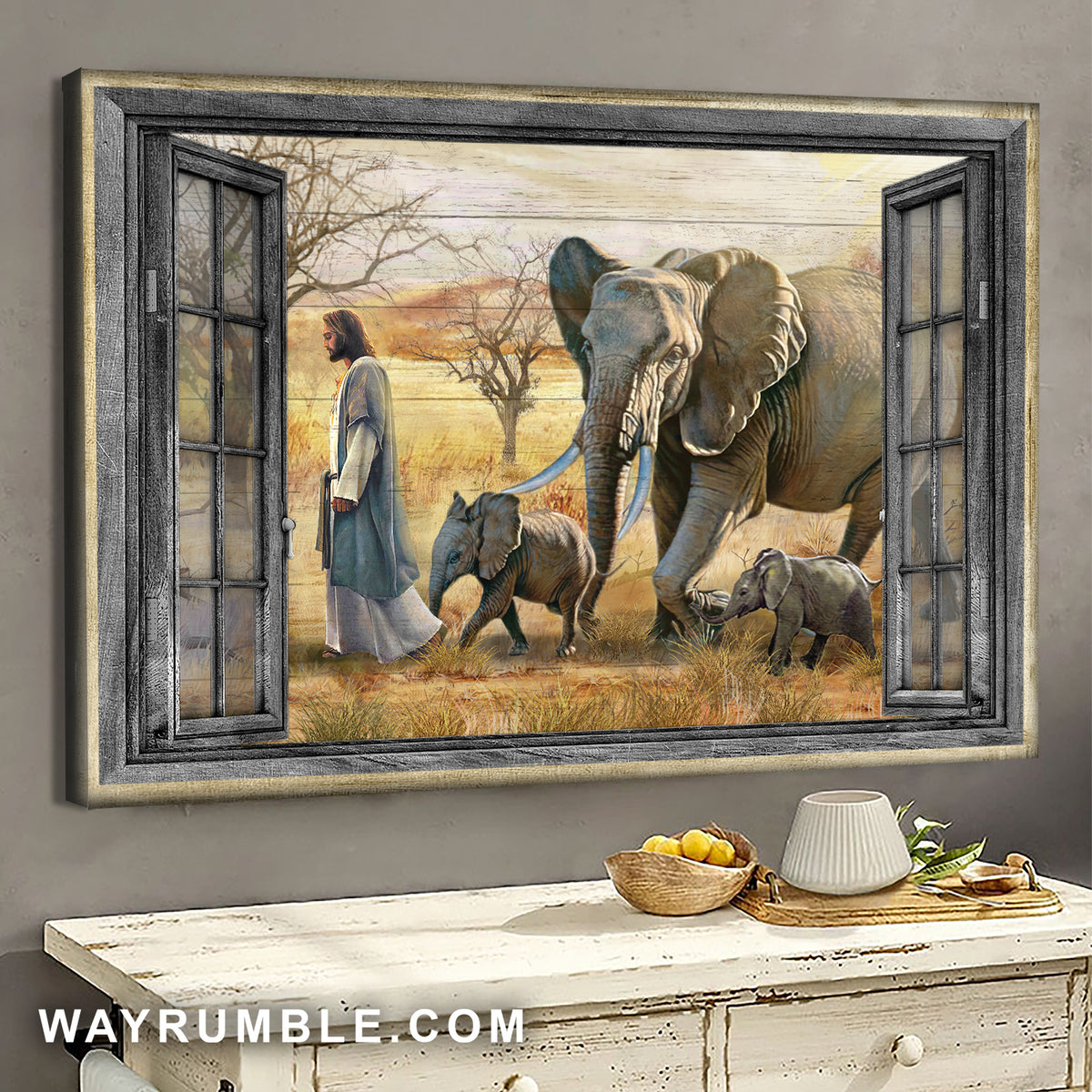 Walking with Jesus, Elephant painting, Yellow meadow - Jesus Landscape Canvas Prints, Wall Art