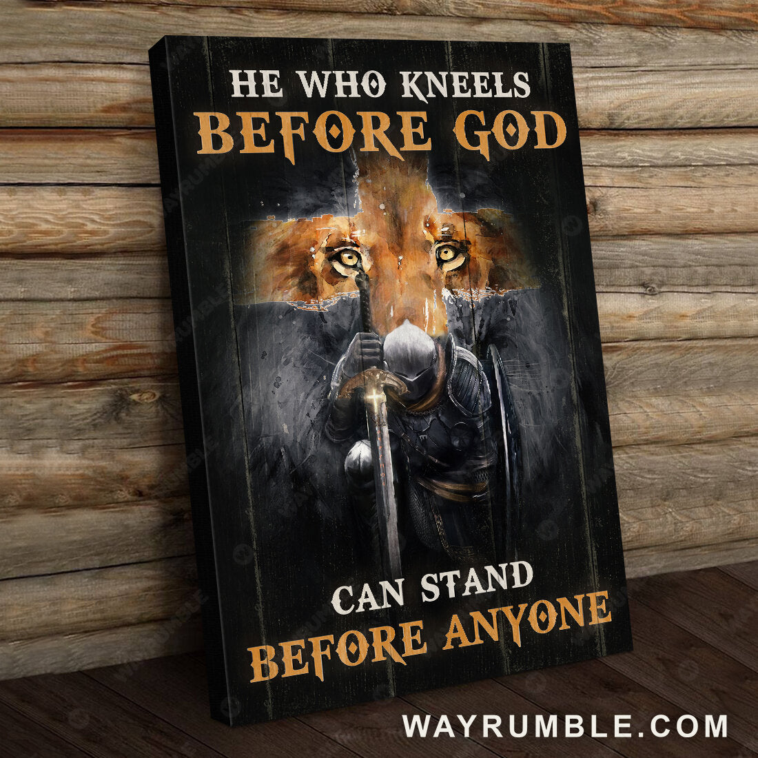 Warrior, Lion, Cross, He who kneels before God can stand before anyone - Jesus Portrait Canvas Prints, Wall Art