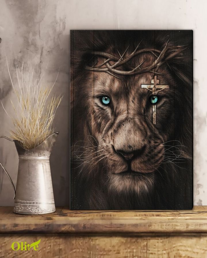 Awesome Lion, Cross, Thorn Crown - Jesus Portrait Canvas Prints, Wall Art