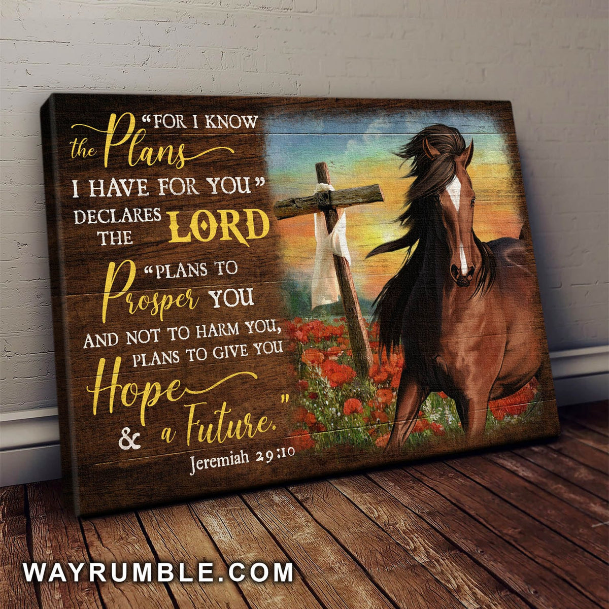 Horse, Flower field, Wooden Cross, For I know the plans I have for you - Jesus Landscape Canvas Prints, Wall Art