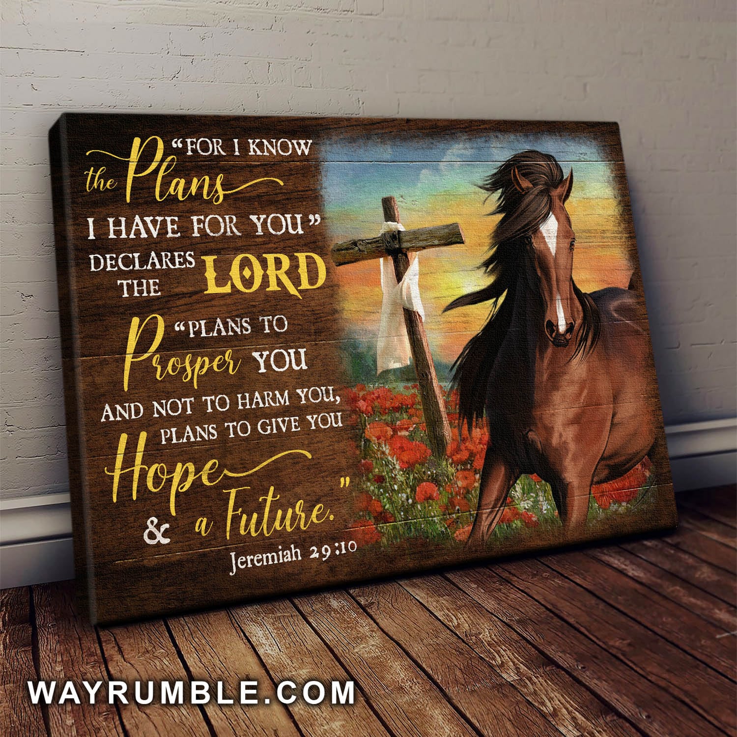 Horse, Flower field, Wooden Cross, For I know the plans I have for you - Jesus Landscape Canvas Prints, Wall Art