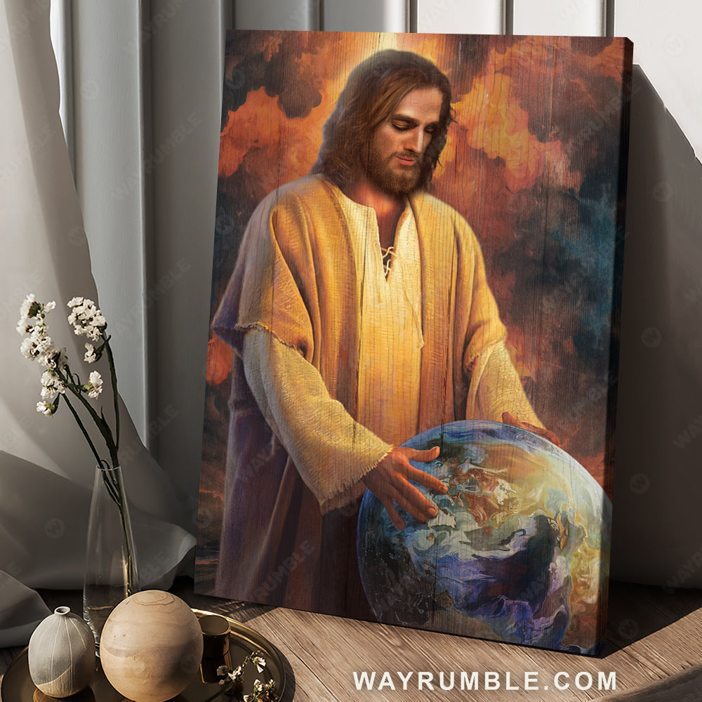 Globe drawing, Jesus painting, Religious art, Jesus holding the earth in his hands - Jesus Portrait Canvas Prints, Christian Wall Art