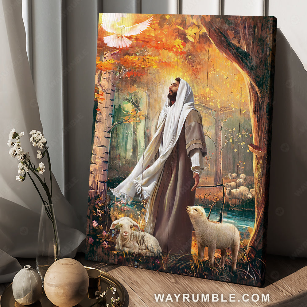 Holy spirit dove, Lamb of God, Mystic forest, Birch tree, Abstract Jesus painting - Jesus Portrait Canvas Prints, Christian Wall Art