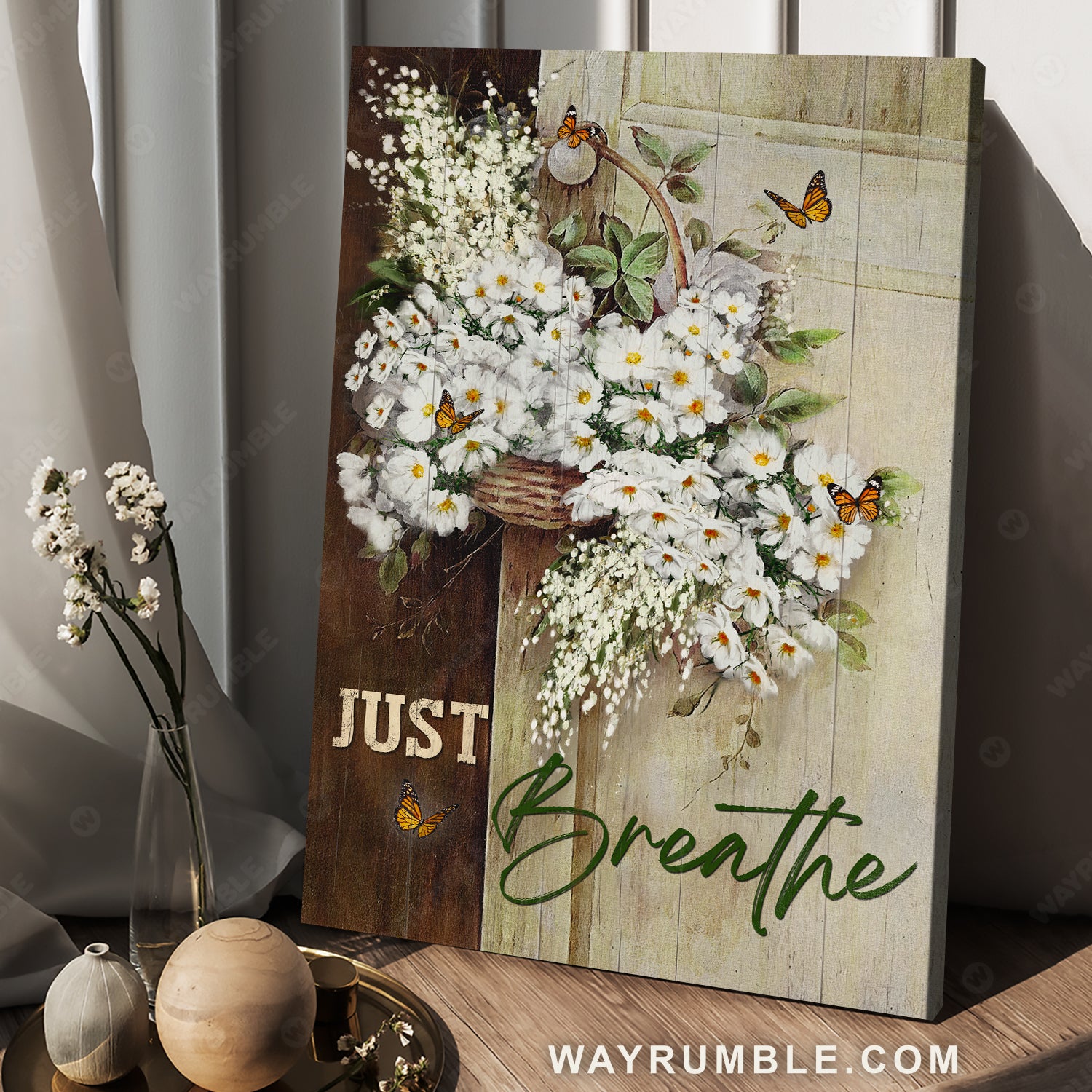 White baby flower, Pretty flower vase, Orange butterfly, Just breathe - Jesus Portrait Canvas Prints, Christian Wall Art
