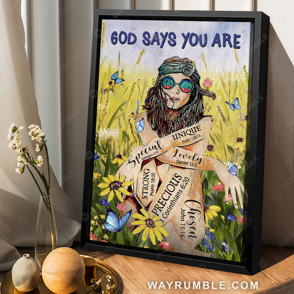 Rock vibe, Flower field, Green meadow, God says you are unique - Jesus Portrait Canvas Prints, Christian Wall Art