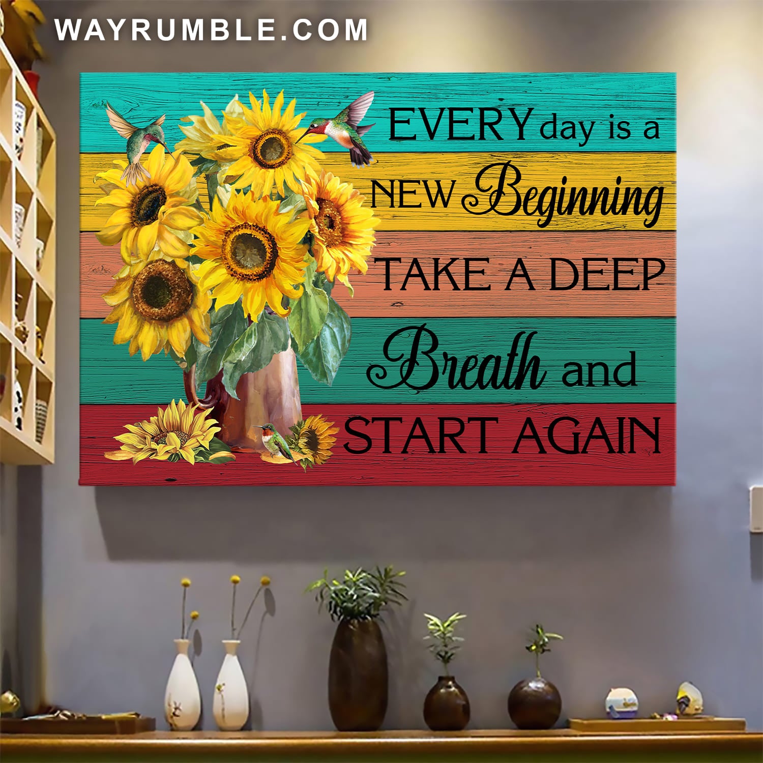 Sunflower vase, Hummingbird, Every day is a new beginning - Jesus Landscape Canvas Prints, Wall Art