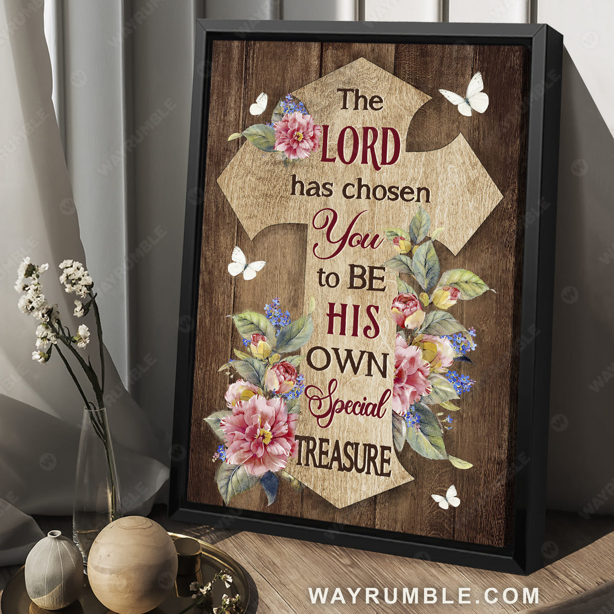 Carnation flowers, Wooden cross, White butterfly, The Lord has chosen you - Jesus Portrait Canvas Prints, Christian Wall Art