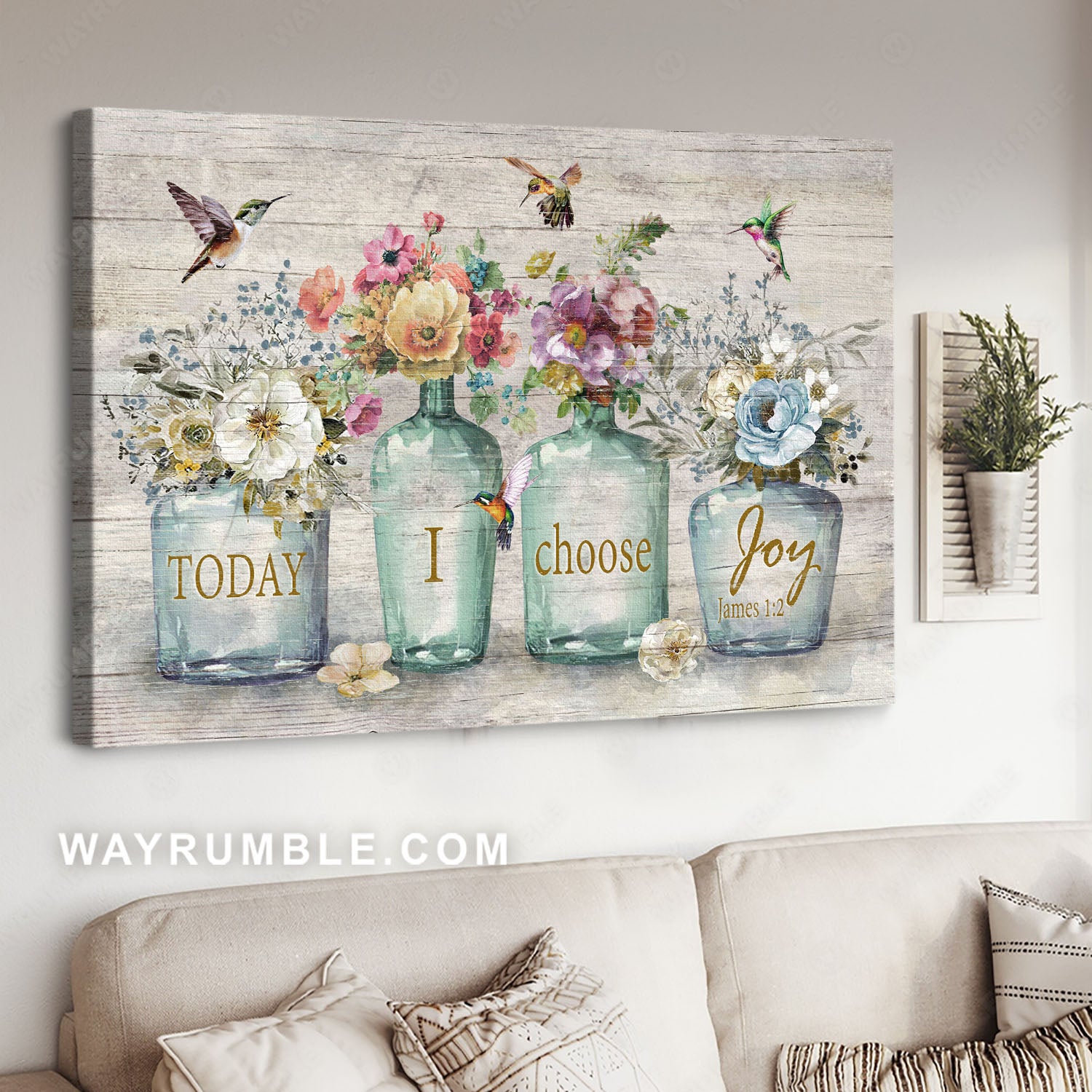 Gorgeous flowers, Watercolor hummingbird, Lovely glass vase, Today I choose joy - Jesus Landscape Canvas Prints, Home Decor Wall Art