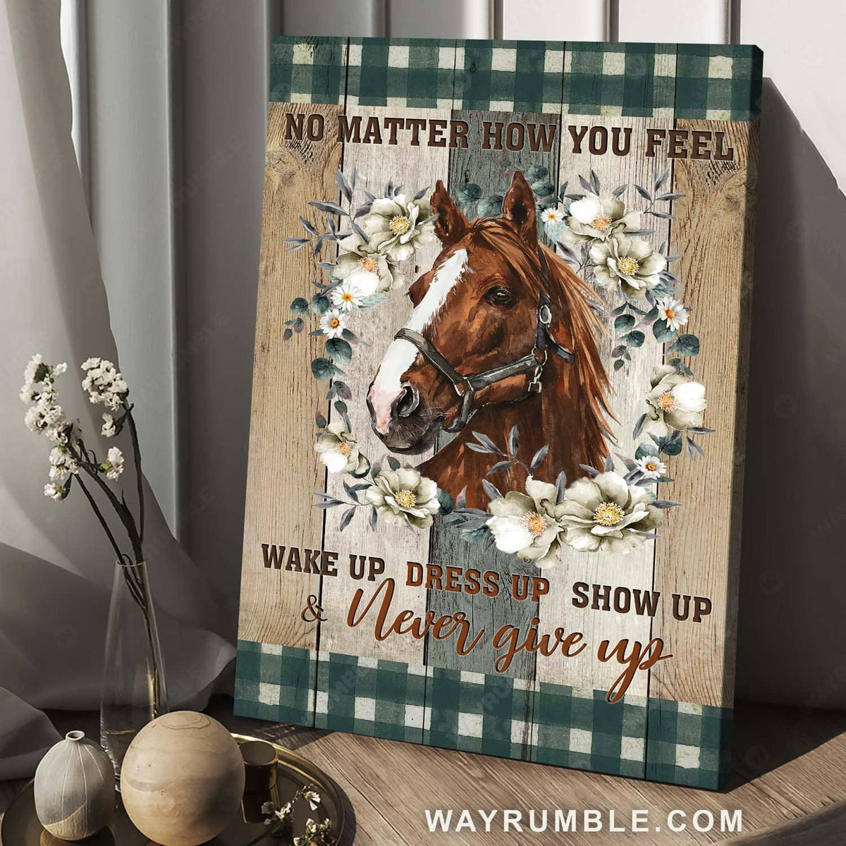 Brown horse painting, White flower wreath, Wake up, dress up, and never give up - Jesus Portrait Canvas Prints, Home Decor Wall Art