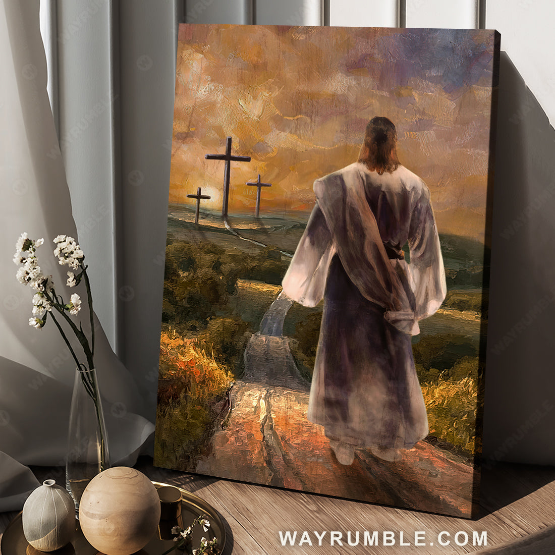 Three crosses, Jesus Christ, Sunset painting, Walking to the crosses - Jesus Portrait Canvas Prints, Christian Wall Art