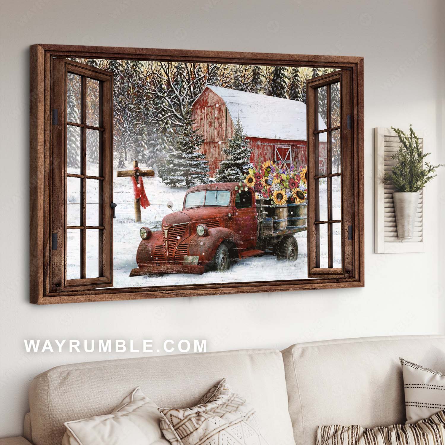 Amazing snow farm, Winter season, Red truck, Lovely sunflower - Jesus Landscape Canvas Prints, Home Decor Wall Art