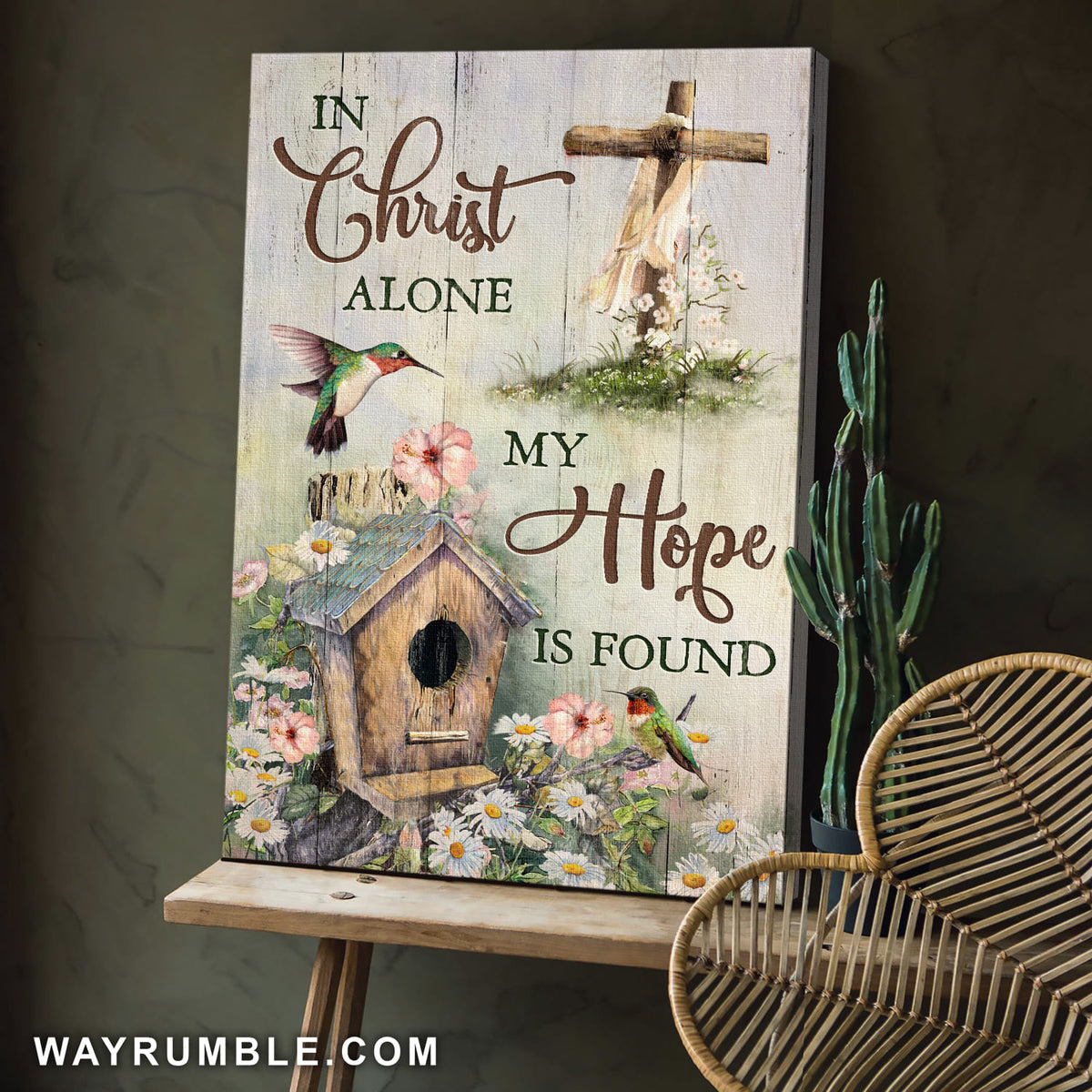 Birdhouse, Wooden Cross, Hummingbird, In Christ alone my hope is found - Jesus Portrait Canvas Prints, Wall Art