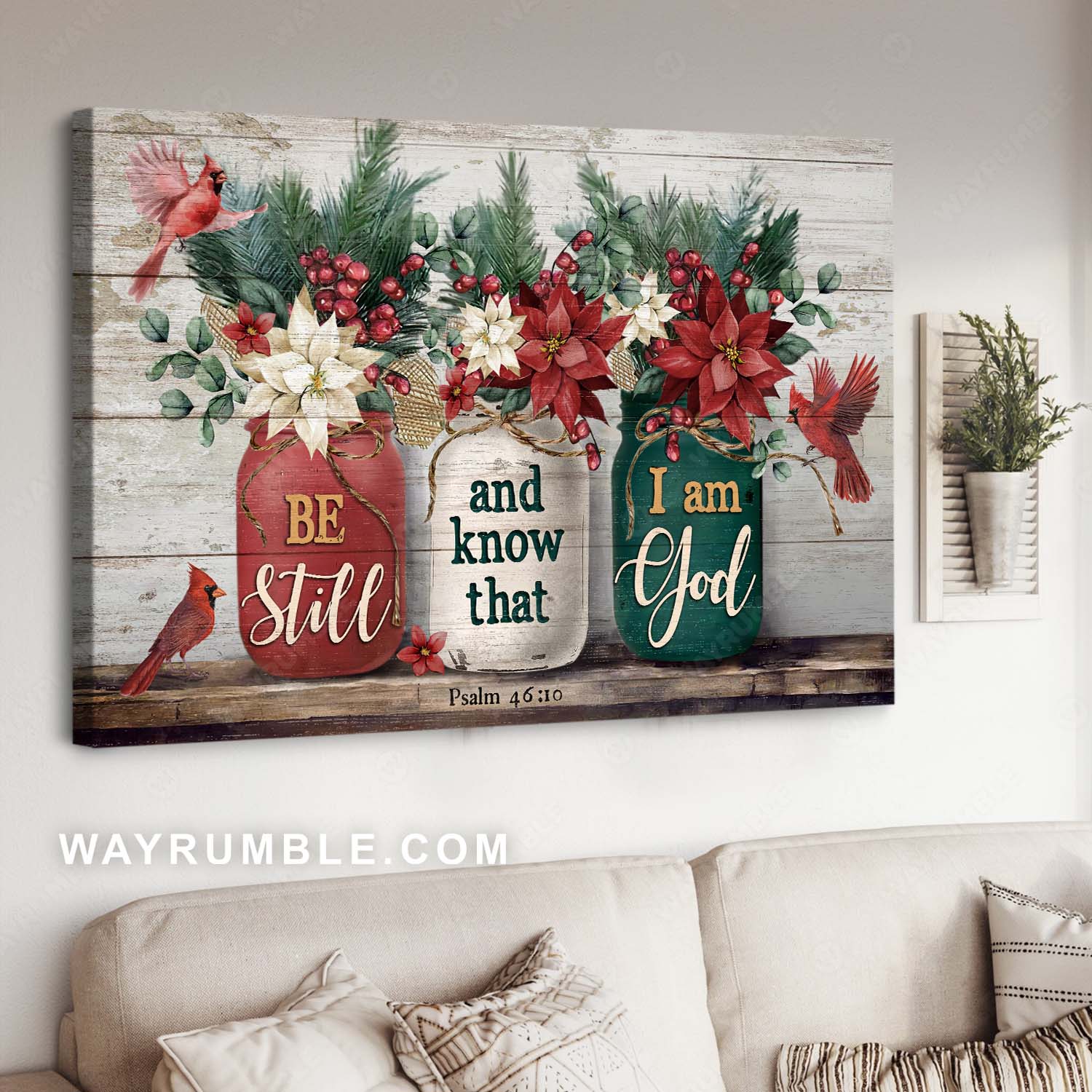 Christmas decoration, Poinsettia flower, Red cardinal, Be still and know that I am God - Jesus Landscape Canvas Prints, Home Decor Wall Art