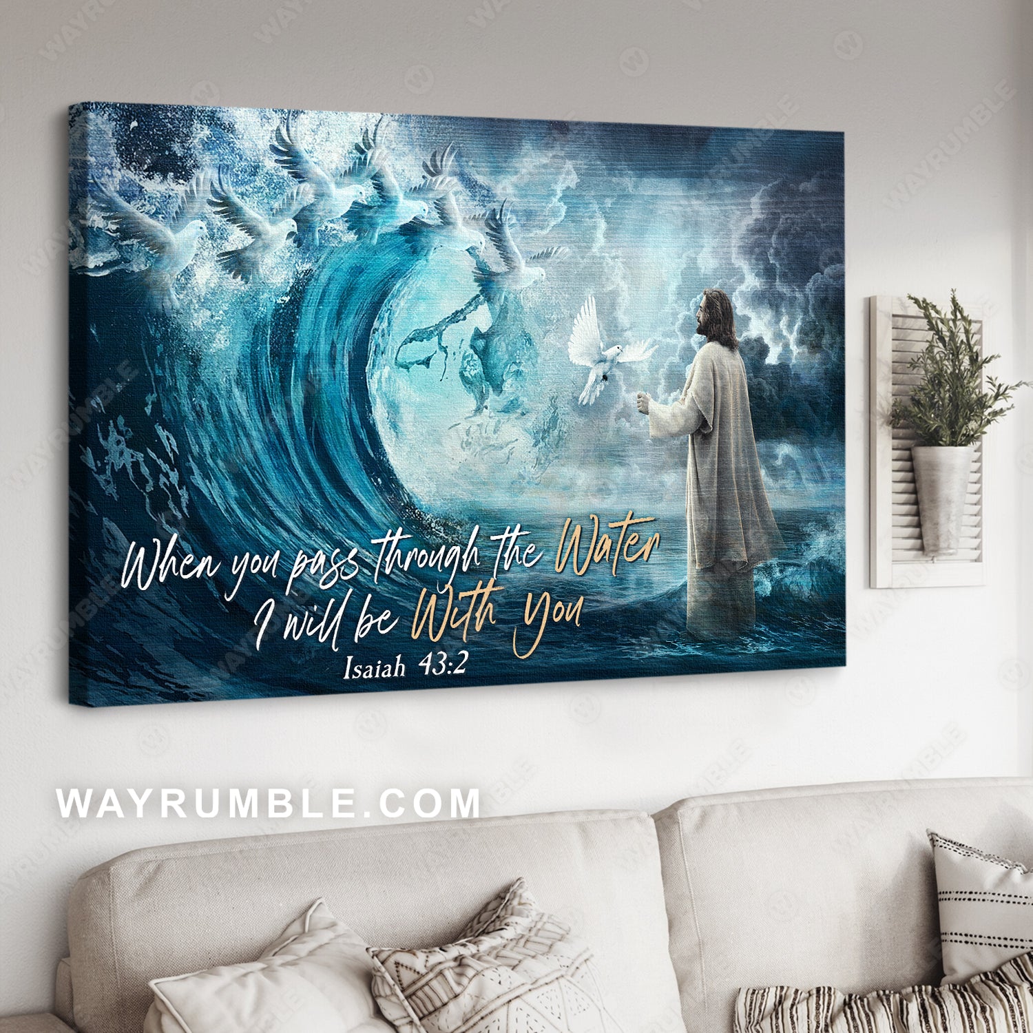 Dove of peace, Jesus calms the storm, Bible verse, When you pass through the water - Jesus Landscape Canvas Prints, Christian Wall Art