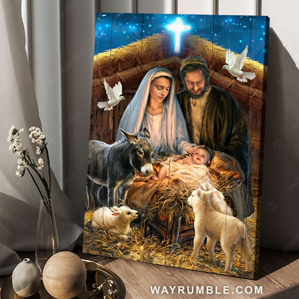 Birth of Jesus, Lamb of God, Holy spirit dove, Blue cross painting, Religious art - Jesus Portrait Canvas Prints, Wall Art