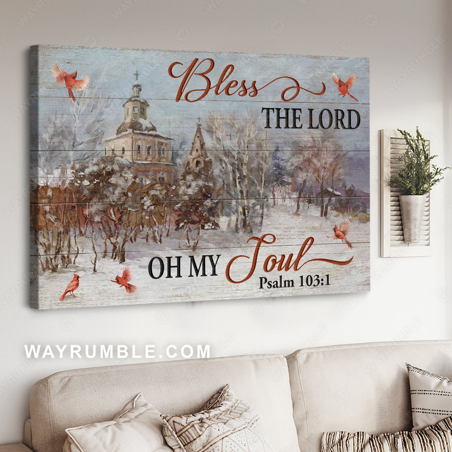 Catholic church, Snowfall drawing, Red cardinal, Bless the Lord, Oh my soul - Jesus Landscape Canvas Prints, Home Decor Wall Art