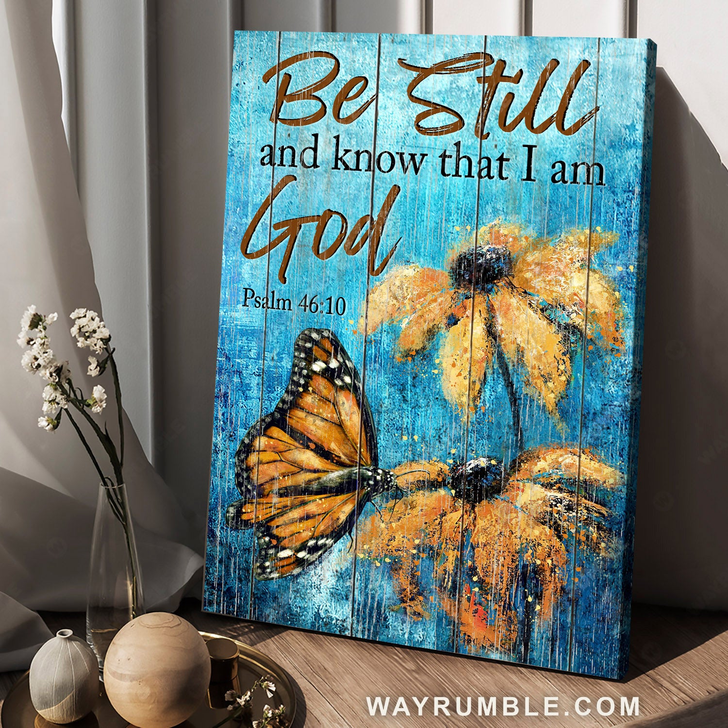 Daisy flower, Monarch butterfly, Watercolor painting, Be still and know that I am God - Jesus Portrait Canvas Prints, Home Decor Wall Art