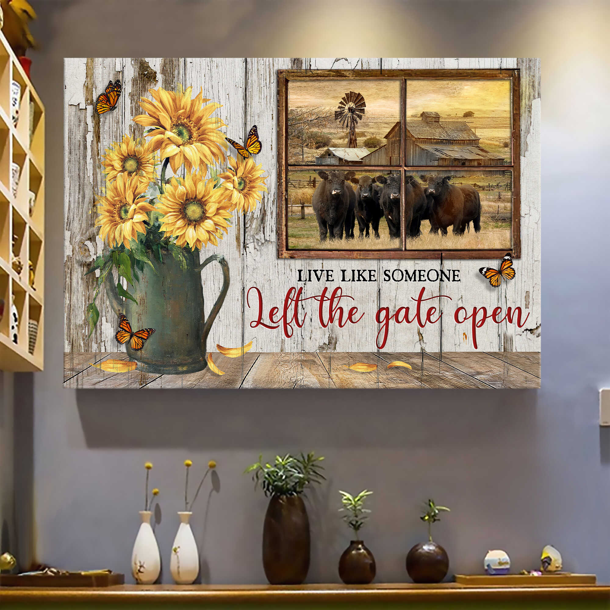 Old sunflower vase, Aberdeen Angus, Tranquil farm, Live like someone, left the gate open - Farm, Window frame Landscape Canvas Prints, Wall Art