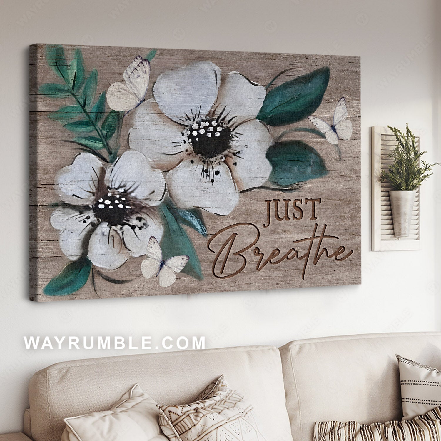 Motivational art, Vintage flower painting, White butterfly, Just breathe - Jesus Landscape Canvas Prints, Home Decor Wall Art