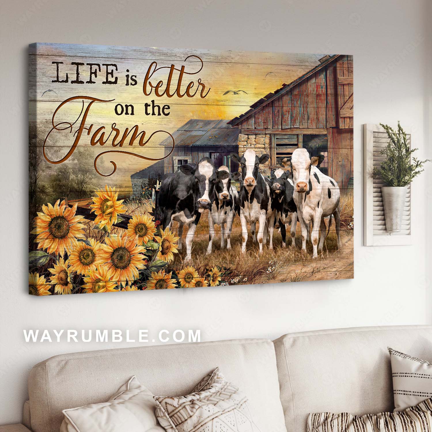 Dairy cows, Rustic farmhouse, Sunflower field, Life is better on the farm - Jesus Landscape Canvas Prints, Home Decor Wall Art