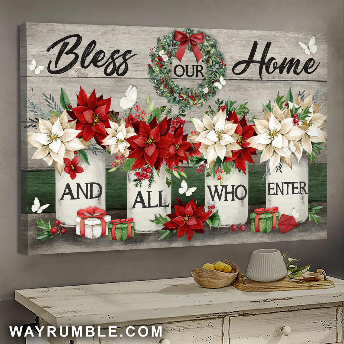Christmas, Poinsettia vase, Bless our home and all who enter - Jesus Landscape Canvas Prints, Wall Art
