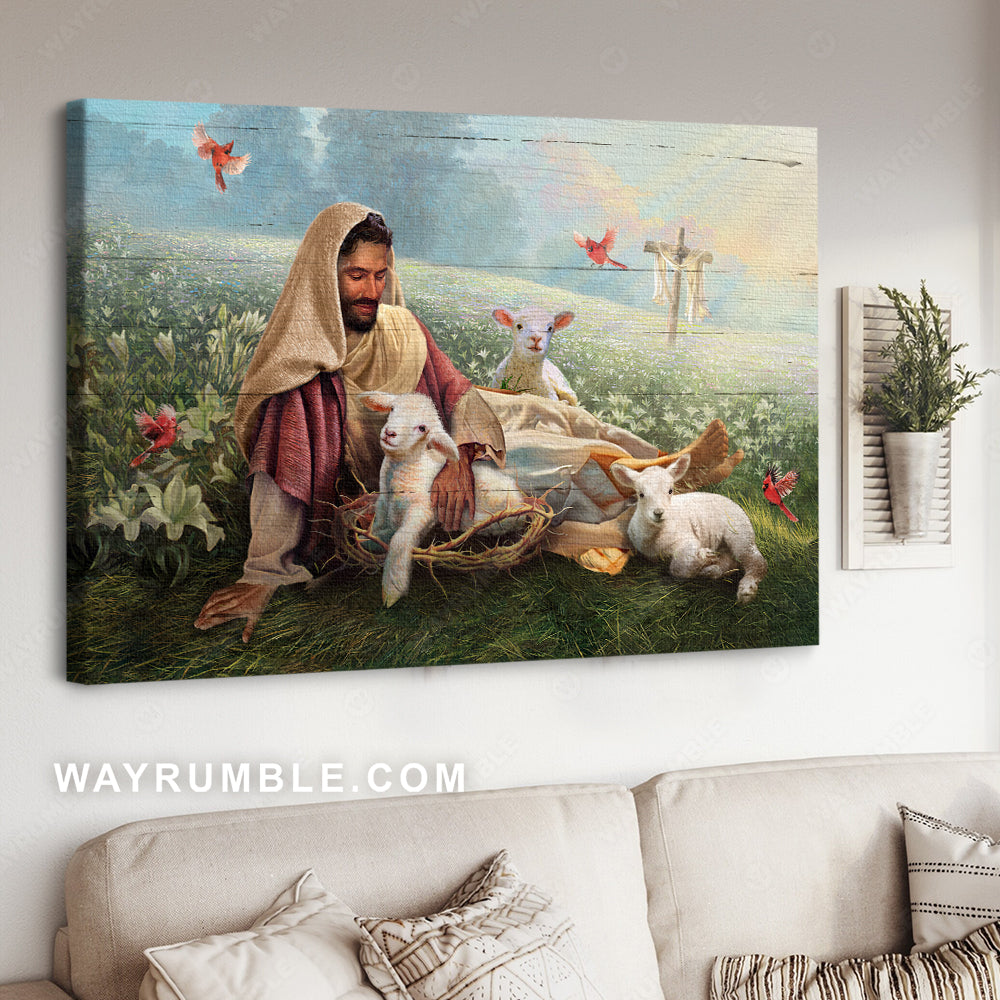 Flower field, Lily flower, Jesus painting, Lamb of God, Crown of thorns - Jesus Landscape Canvas Prints, Christian Wall Art