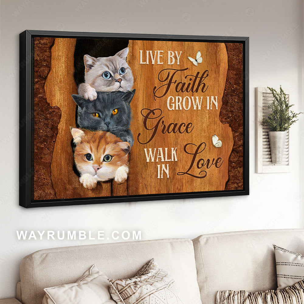 Cute cat painting, Wooden background, Pretty butterfly, Live by faith - Jesus Landscape Canvas Prints, Christian Wall Art